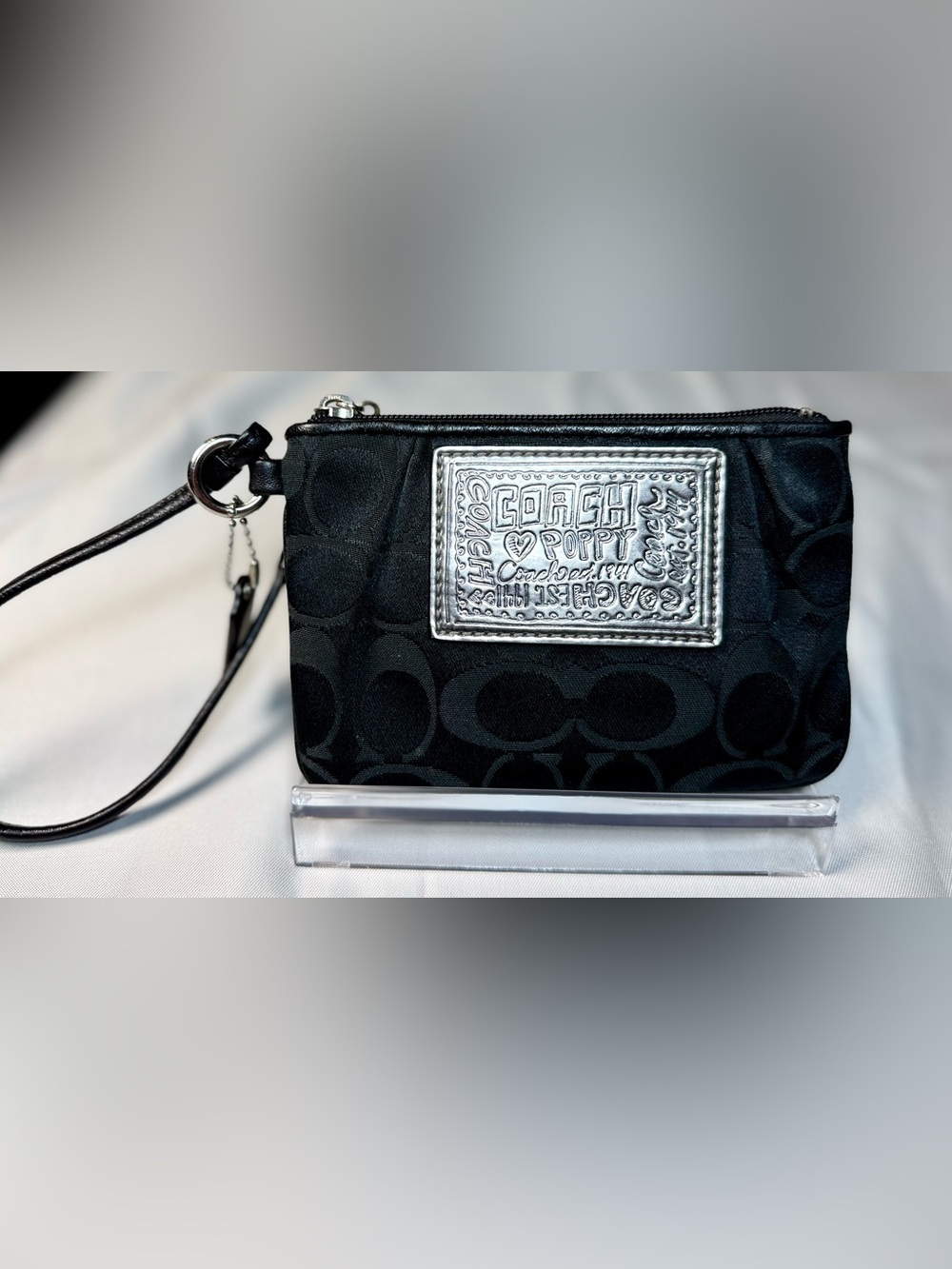 Coach Black Poppy Wristlet with Silver Logo Patch and Detachable Strap